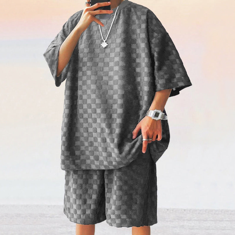 Unisex nan strukturiertes Relief-Set aus wabenartigem Jersey mit übergroßem Shirt und knielangen Shorts Drune
