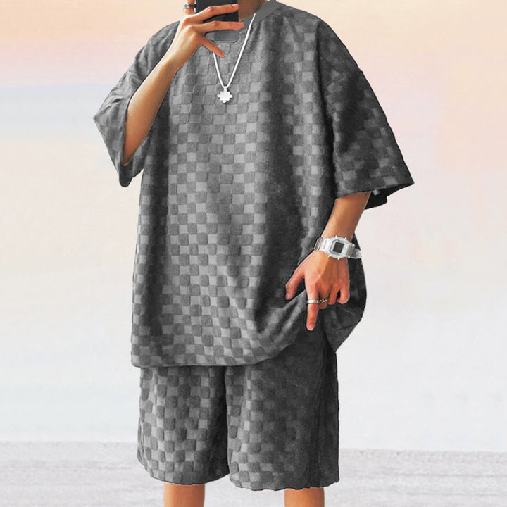 Unisex nan strukturiertes Relief-Set aus wabenartigem Jersey mit übergroßem Shirt und knielangen Shorts Drune