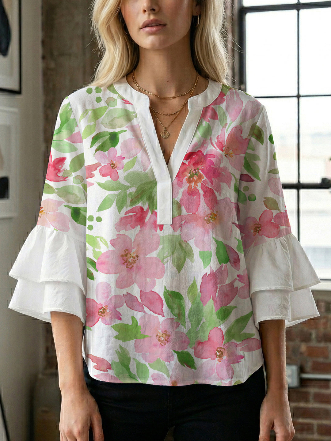 Damen Bluse mit voluminösen Rüschenärmeln und floralem Druck Drune