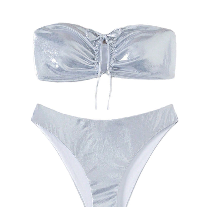 Damen Bandeau-Bikini mit glänzendem Oberteil und hohem Beinausschnitt Drune