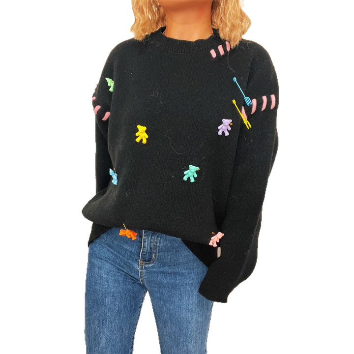 Damen Pullover mit verspieltem Bären-Motiv und dekorativen Applikationen Drune