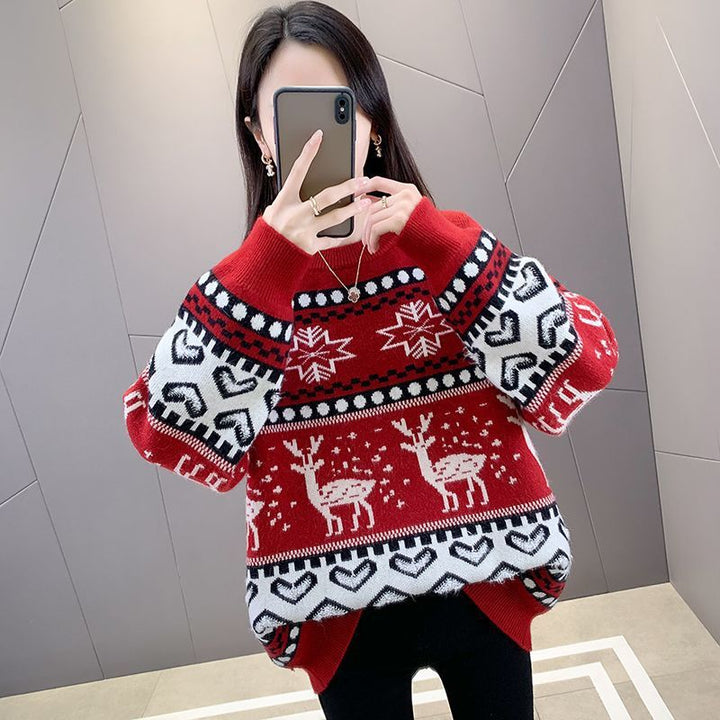 Damen Grobstrickpullover mit festlichem Rentiermotiv und modernem Design Drune