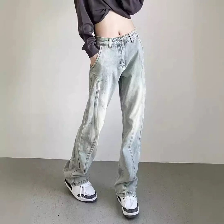 Damen weite High-Waist Denim-Jeans mit distressed Optik und bequemen Seitentaschen Drune