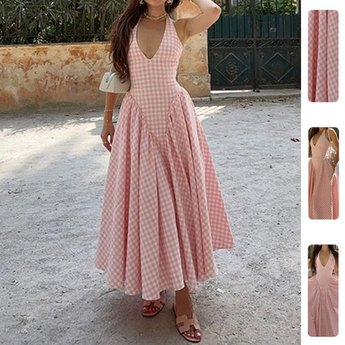 Damen Maxikleid mit V-Ausschnitt und schwingendem Rock Drune