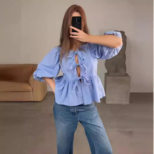 Damen Bluse mit raffinierten Schleifen und voluminösen Ärmeln Drune