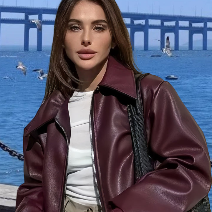 Damen Kunstlederjacke mit Stehkragen und voluminösen Ärmeln Drune
