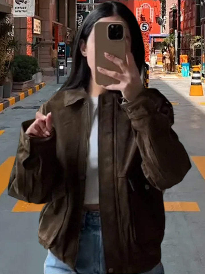 Damen Modische Kunstlederjacke mit lässigem Schnitt und praktischen Taschen Drune