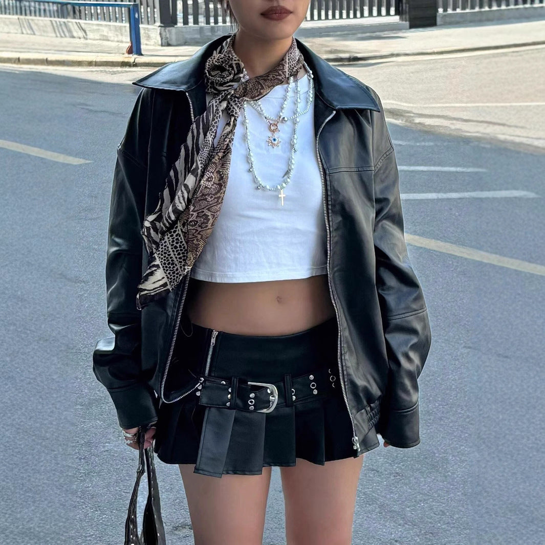 Damen Modische Lederjacke im trendigen Oversized-Stil Drune