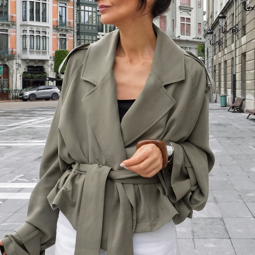 Damen Modische Oversized-Jacke mit Bindegürtel und raffinierter Schnittführung Drune