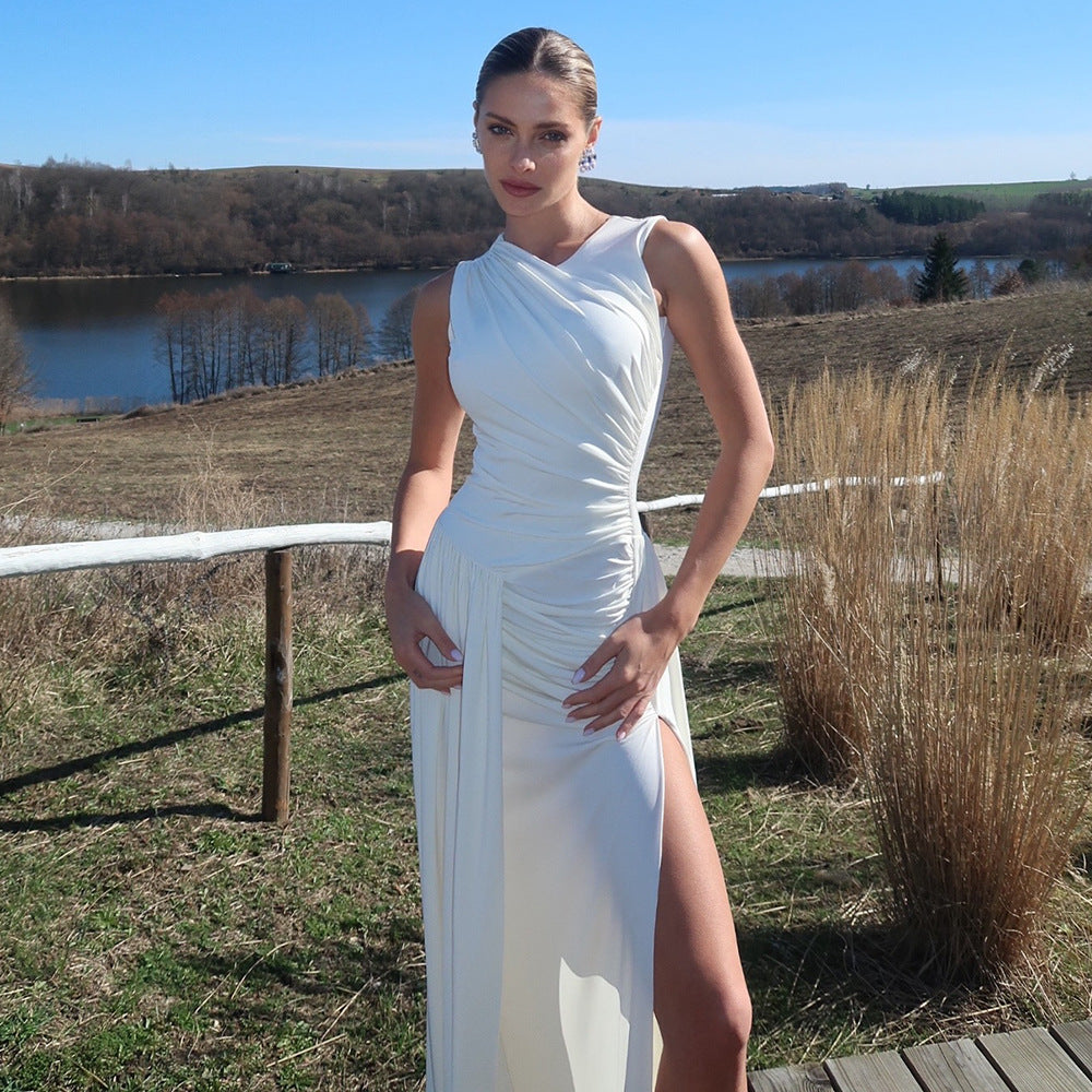 Damen Elegantes langes Kleid mit drapiertem Rock und seitlichem Schlitz Drune