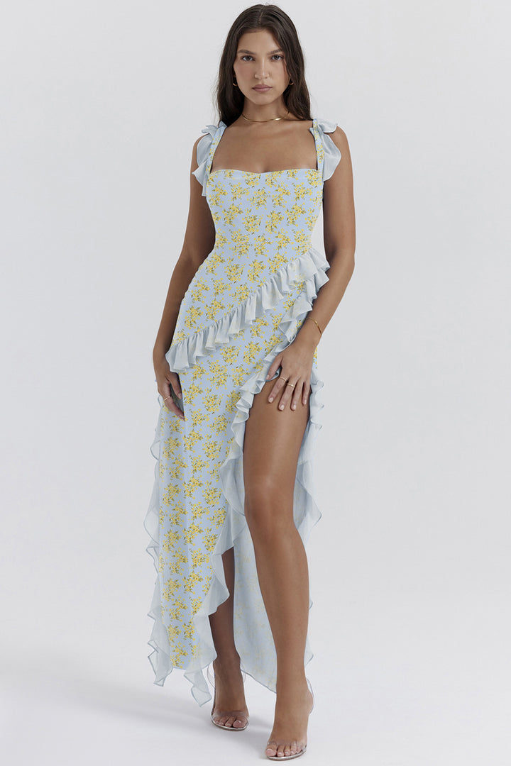 Damen Maxi-Kleid mit Rüschendetails und floralem Design Drune