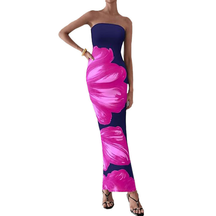 Anmutiges Blumenmuster Schulterfreies Figurbetontes Kleid Drune