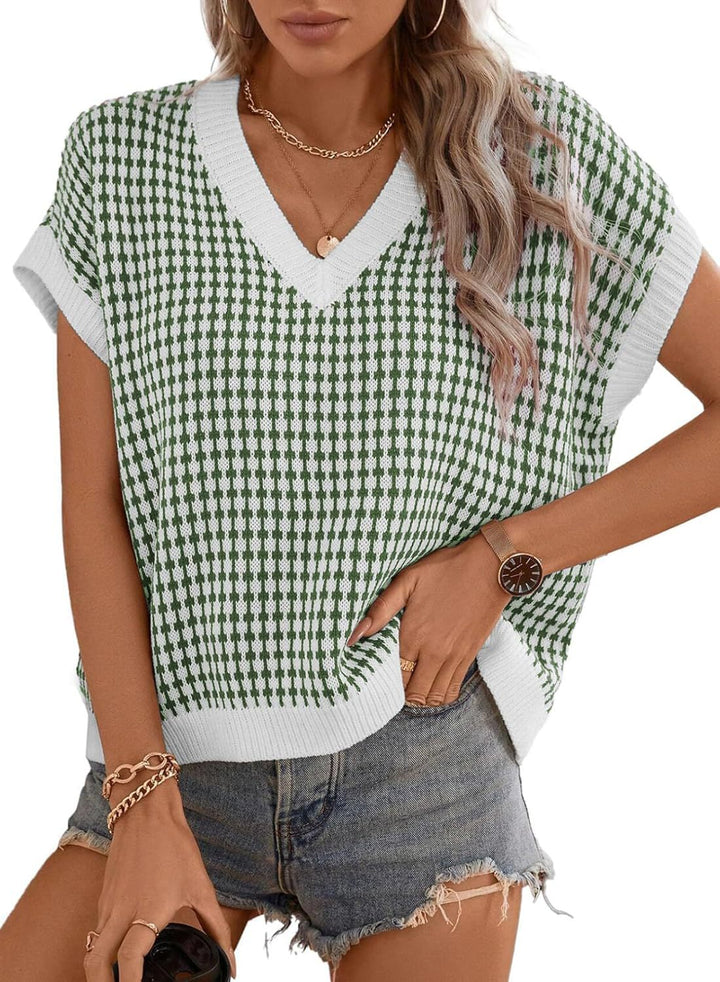 Damen Viskose Stricktop mit modernem Karomuster und V-Ausschnitt Drune