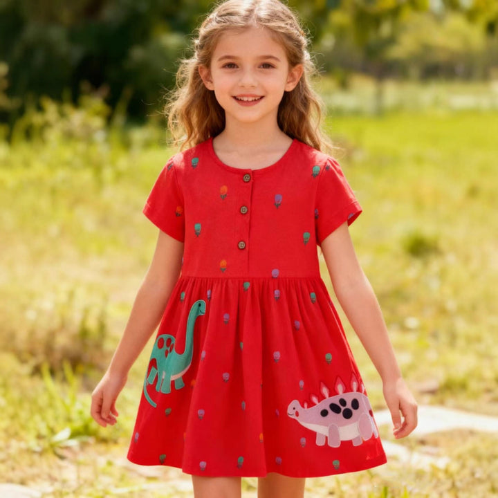 Mädchen Freizeitkleid mit bunten Dinosaurier-Applikationen Drune