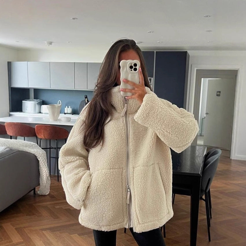 Damen kuschelige Fleecejacke mit hohem Kragen und praktischen Taschen Drune