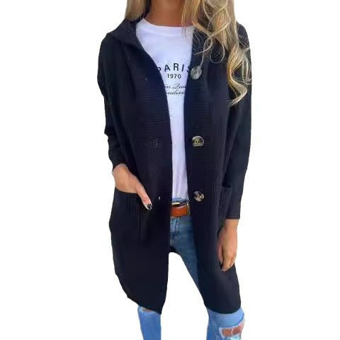 Damen lange Strickjacke mit Kapuze und Taschen Drune