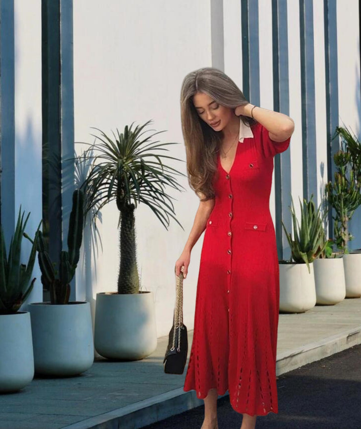 Damen Midi-Kleid mit Knopfleiste und kontrastierendem Kragen Drune