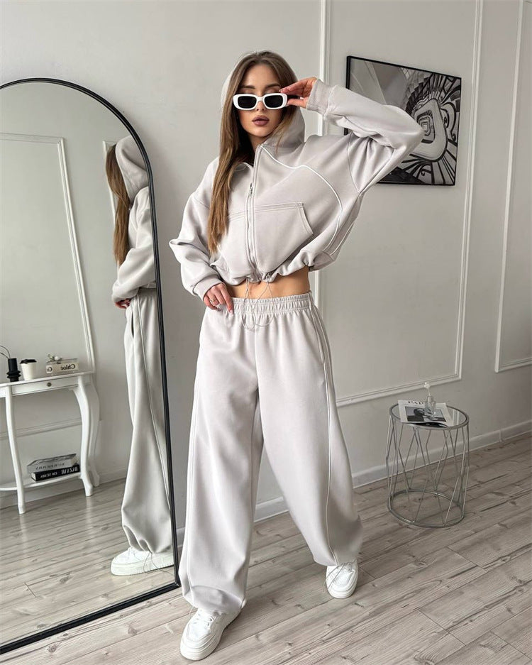 Damen nan Kapuzenjacke und weite Jogginghose Set mit kontrastnähten Drune