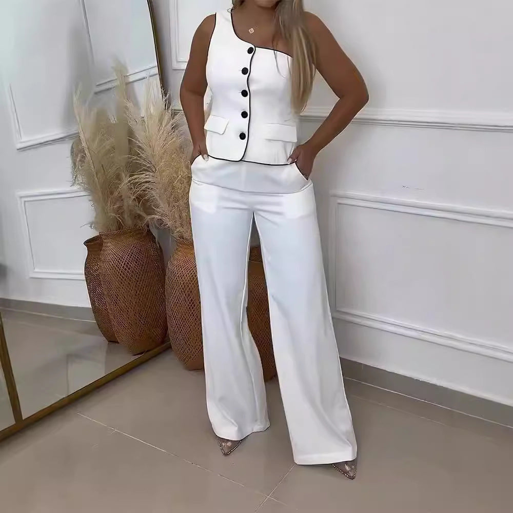 Damen Elegantes Zweiteiliges Outfit mit Schmuckknöpfen und weit geschnittenen Hosen Drune