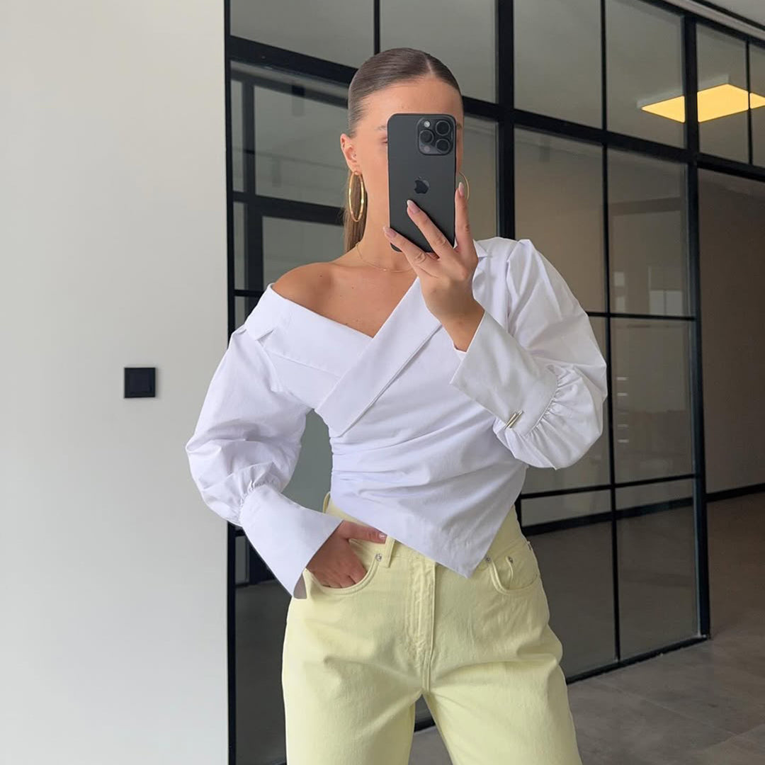 Damen Elegante Wickelbluse mit asymmetrischem Schnitt und Puffärmeln Drune