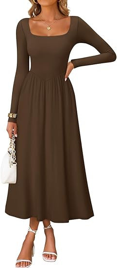 Damen Elegantes Midi-Kleid mit Quadratausschnitt und langen Ärmeln Drune