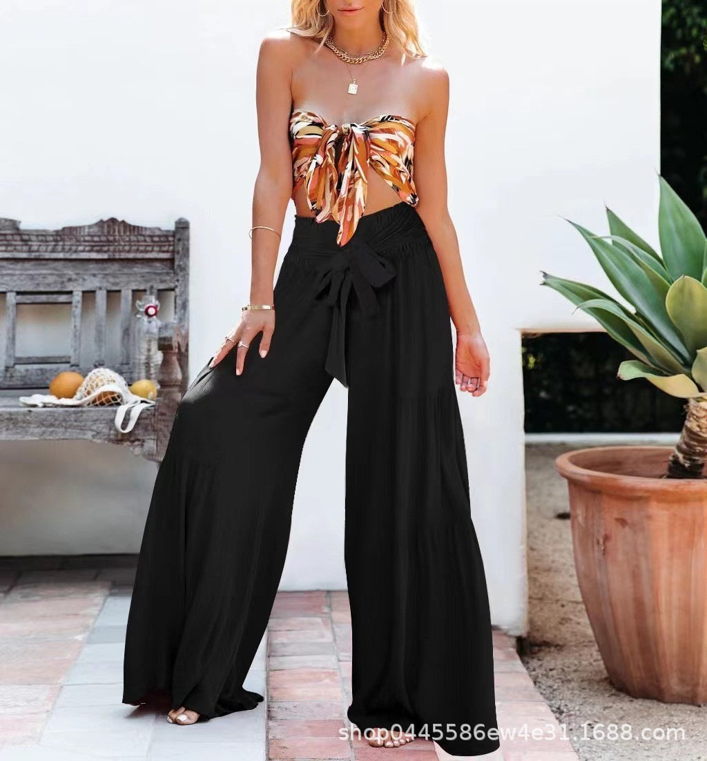 Damen weite Palazzo-Hose mit hochsitztendem Bund und Taillengürtel Drune