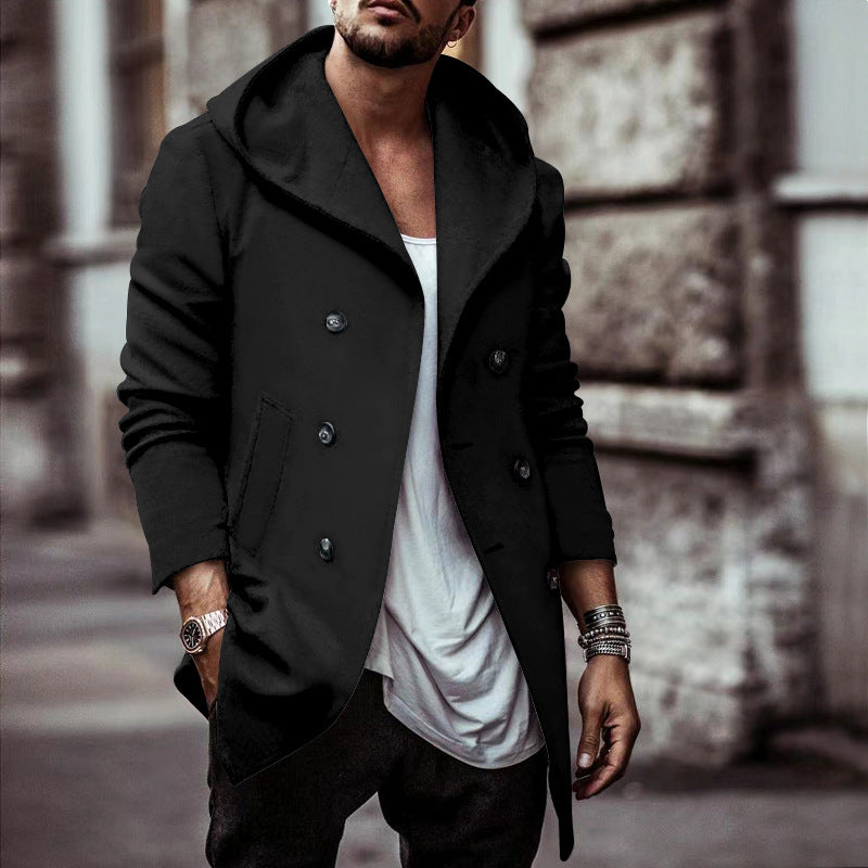 Herren stylischer Hoodie-Mantel mit doppelter Knopfreihe und weitem Kragen Drune