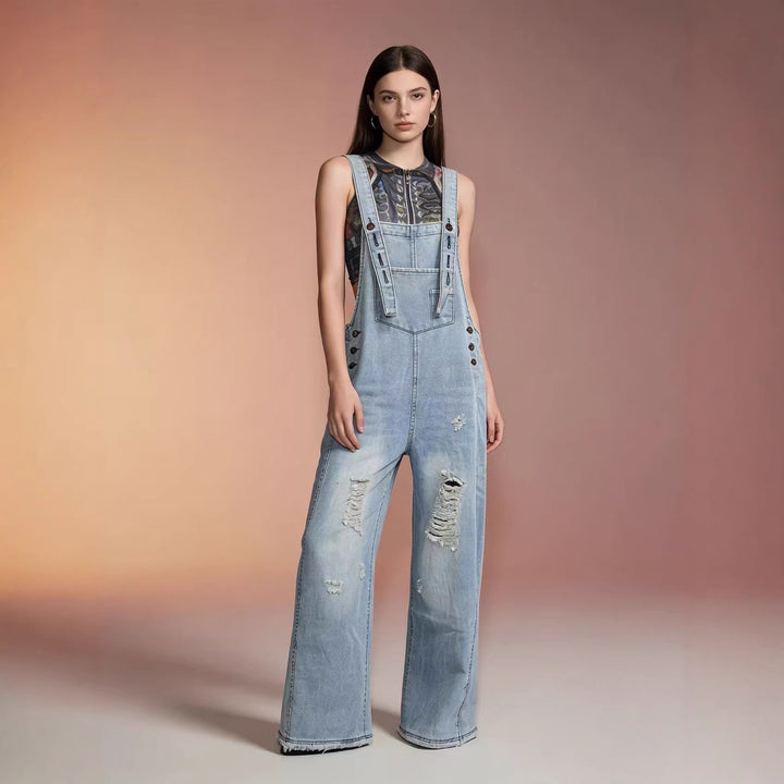 Damen nan moderne Baggy-Latzhose aus pigmentgefärbtem Stretch-Denim mit verstellbaren Trägern und sichtbaren Rissen Drune