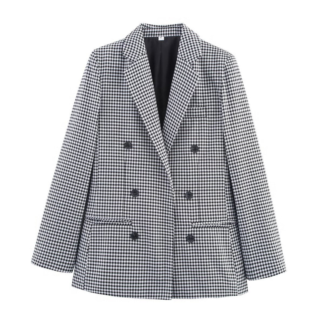Damen karierter Blazer mit doppelter Knopfleiste und strukturiertem Stoff Drune