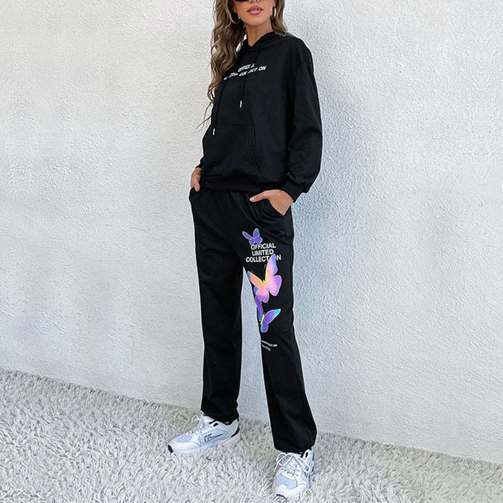 Damen Sportliche Hoodiekombination mit buntem Schmetterlings-Design und lässigen Details Drune