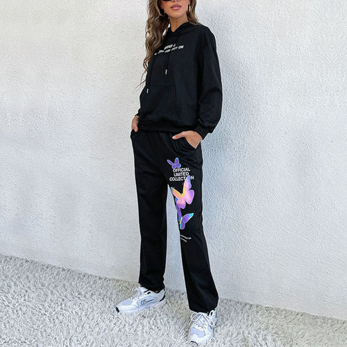 Damen Sportliche Hoodiekombination mit buntem Schmetterlings-Design und lässigen Details Drune