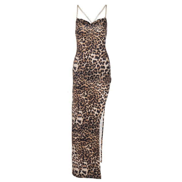 Damen Maxikleid mit verführerischem Leopardenmuster und tiefem Schlitz Drune
