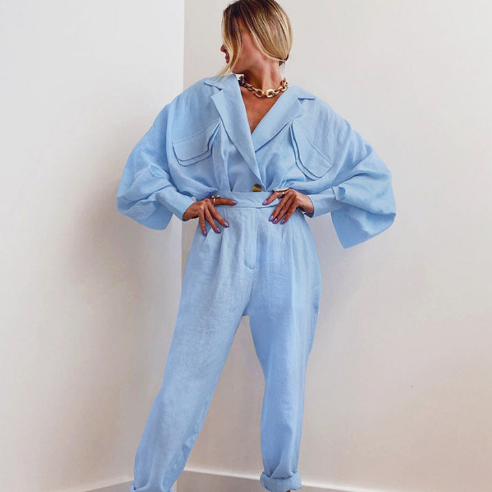 Damen modisches Leinen-Jumpsuit mit voluminösen Ärmeln und eleganter Bindegürtel Drune