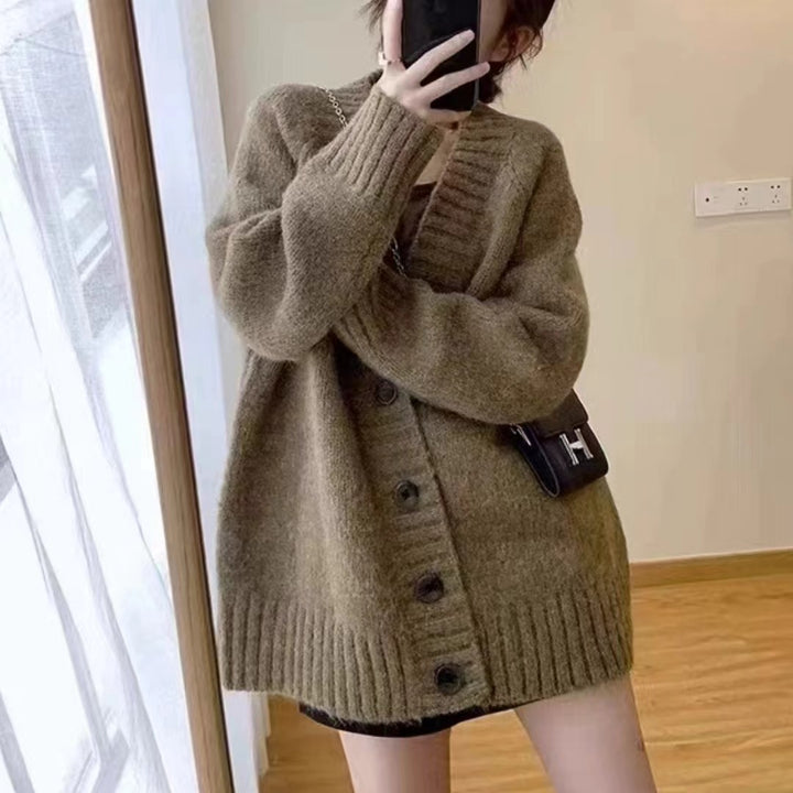 Damen Oversized Strickjacke mit tiefem V-Ausschnitt und Knopfdetails Drune