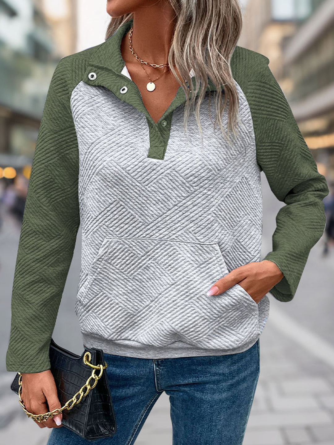 Damen modischer Stehkragen-Pullover mit strukturierter Oberfläche Drune