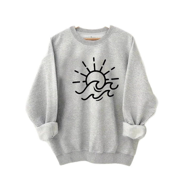Damen Sweatshirt mit kreativem Sonnen- und Wellenmotiv Drune