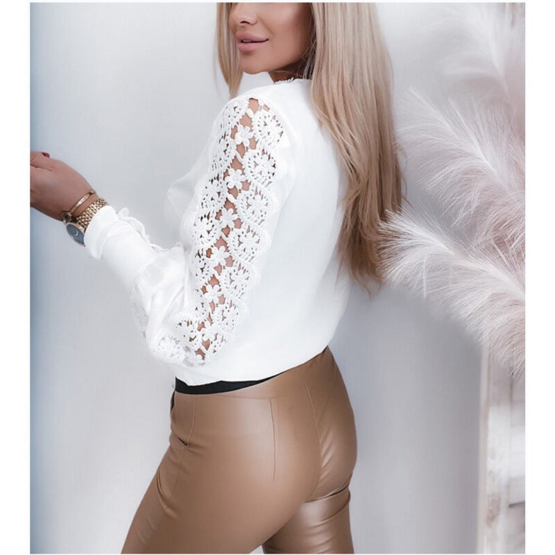 Damen elegante Bluse mit Spitzenärmel und tiefem V-Ausschnitt Drune
