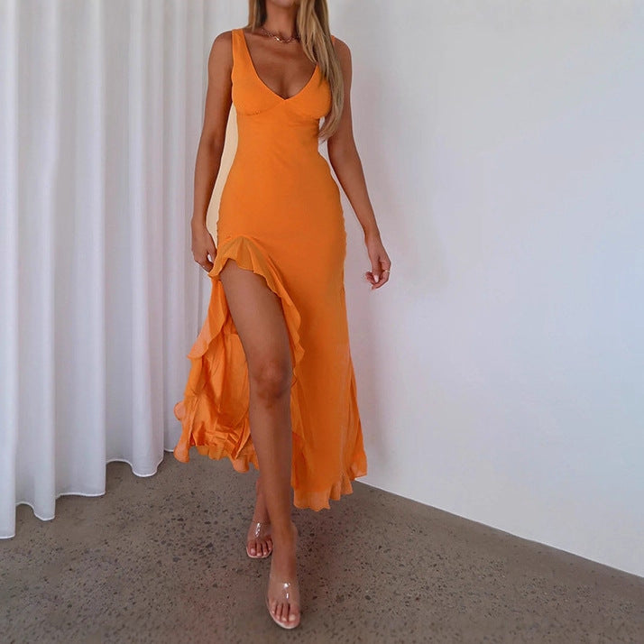 Damen Maxikleid mit tiefem V-Ausschnitt und asymmetrischem Rüschensaum Drune