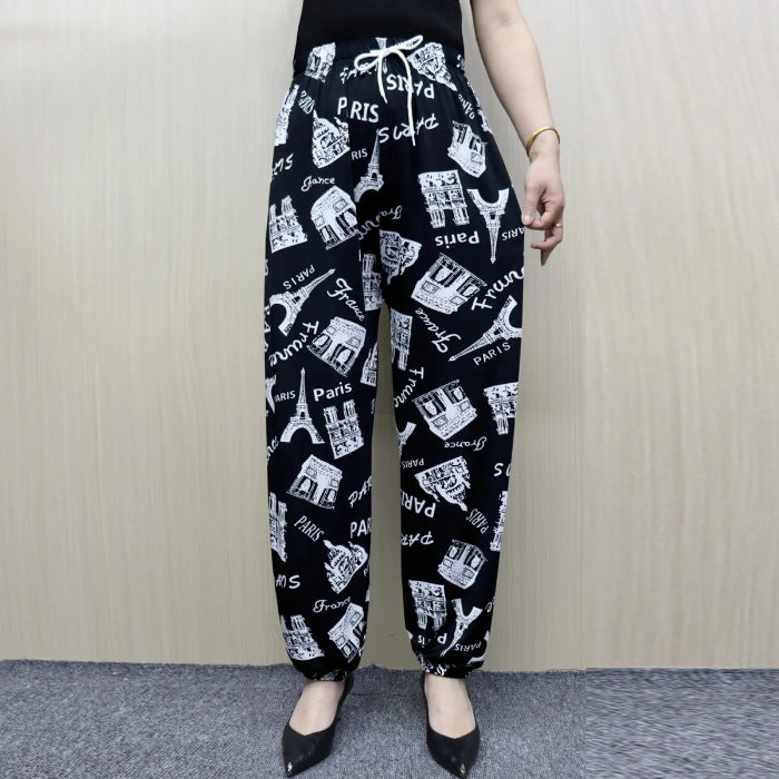 Damen Bequeme Freizeithose mit Paris-Motiv und elastischem Bund Drune