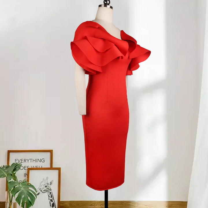 Damen figurbetontes Kleid mit voluminösen Rüschenärmeln Drune
