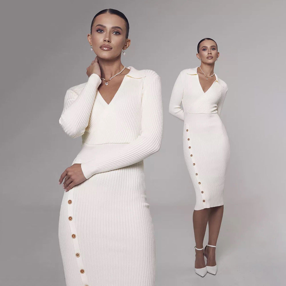 Damen Strickkleid mit elegantem V-Ausschnitt und Knopfdetails Drune