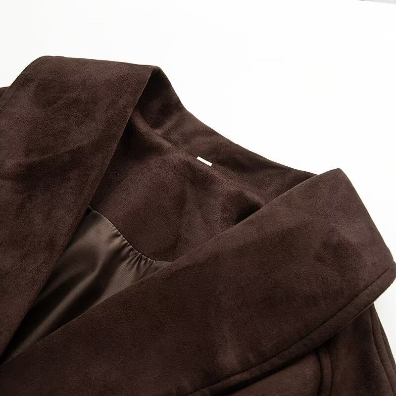 Damen elegante Suede-Jacke mit Taillengürtel und großem Revers Drune