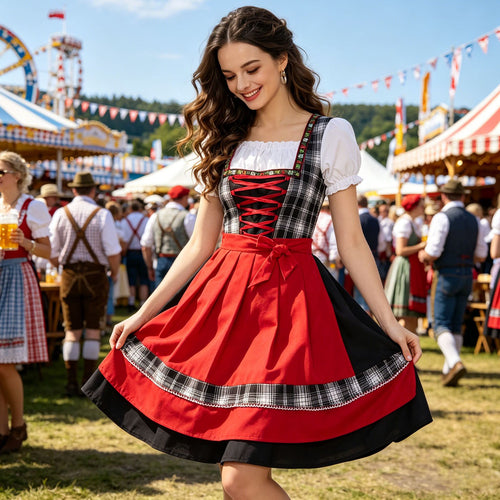 Damen nan klassisches Dirndlkleid mit Schnürmieder, Puffärmeln und knielanger Schürze Drune