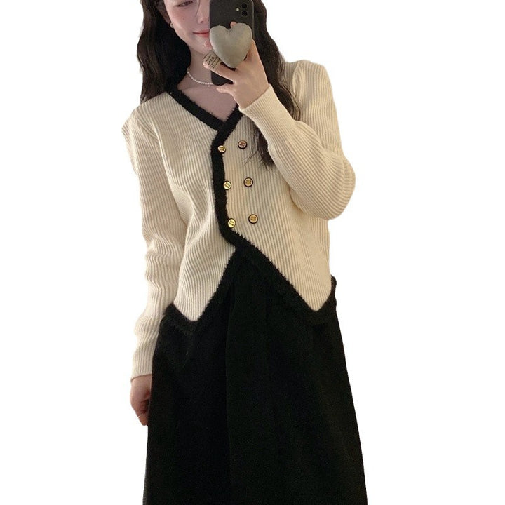 Damen Strickjacke mit asymmetrischem Schnitt und goldenem Knopfdesign Drune