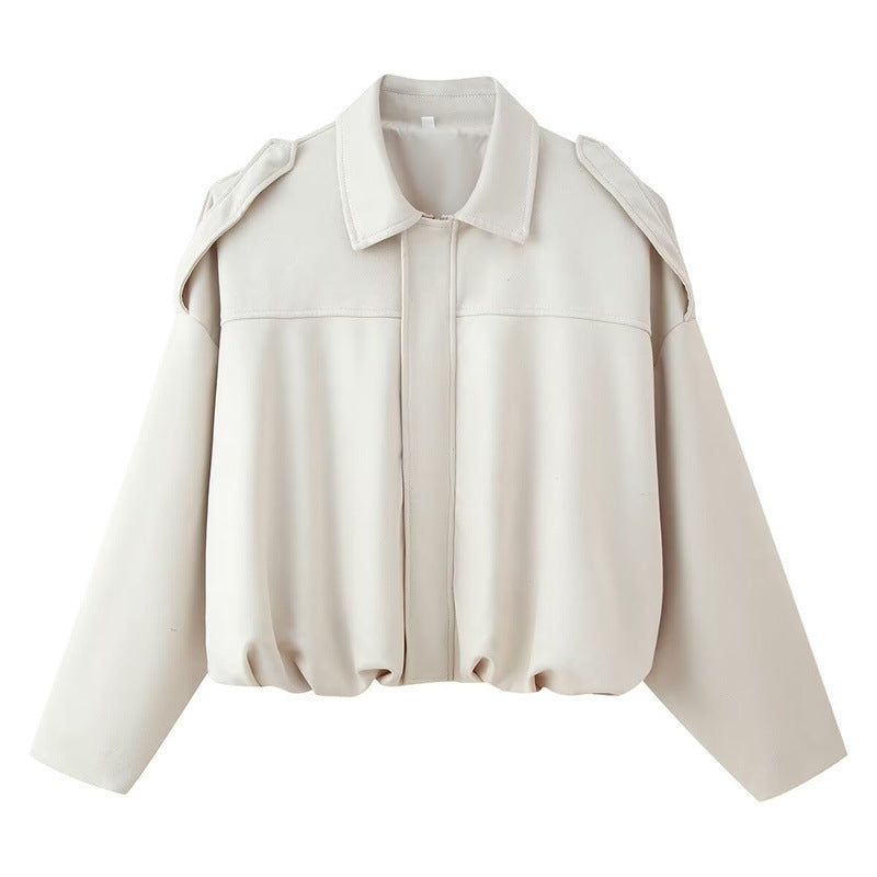 Damen Oversized Kunstlederjacke mit schickem Stehkragen und Gummizug Drune