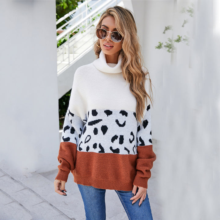 Damen modischer kuscheliger Pullover mit hohem Kragen und tierischem Muster Drune