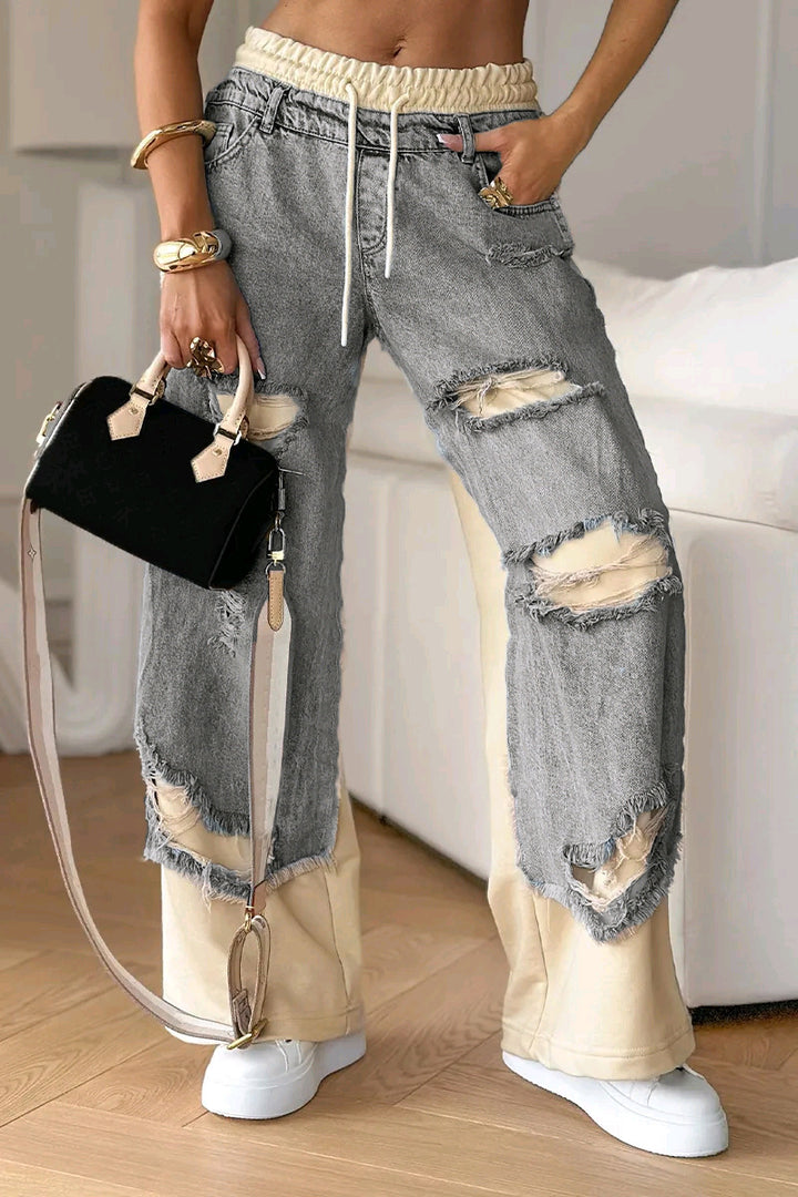 Damen nan weite Patchwork-Jeans mit elastischem Tunnelzugbund, Destroy-Look und kontrastierenden Sweat-Einsätzen Drune