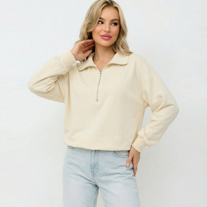 Damen lässiger Pullover mit halbem Reißverschluss und Gummizug Drune