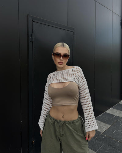 Damen gehäkeltes Crop-Top mit elegantem offenen Design und langen Ärmeln Drune