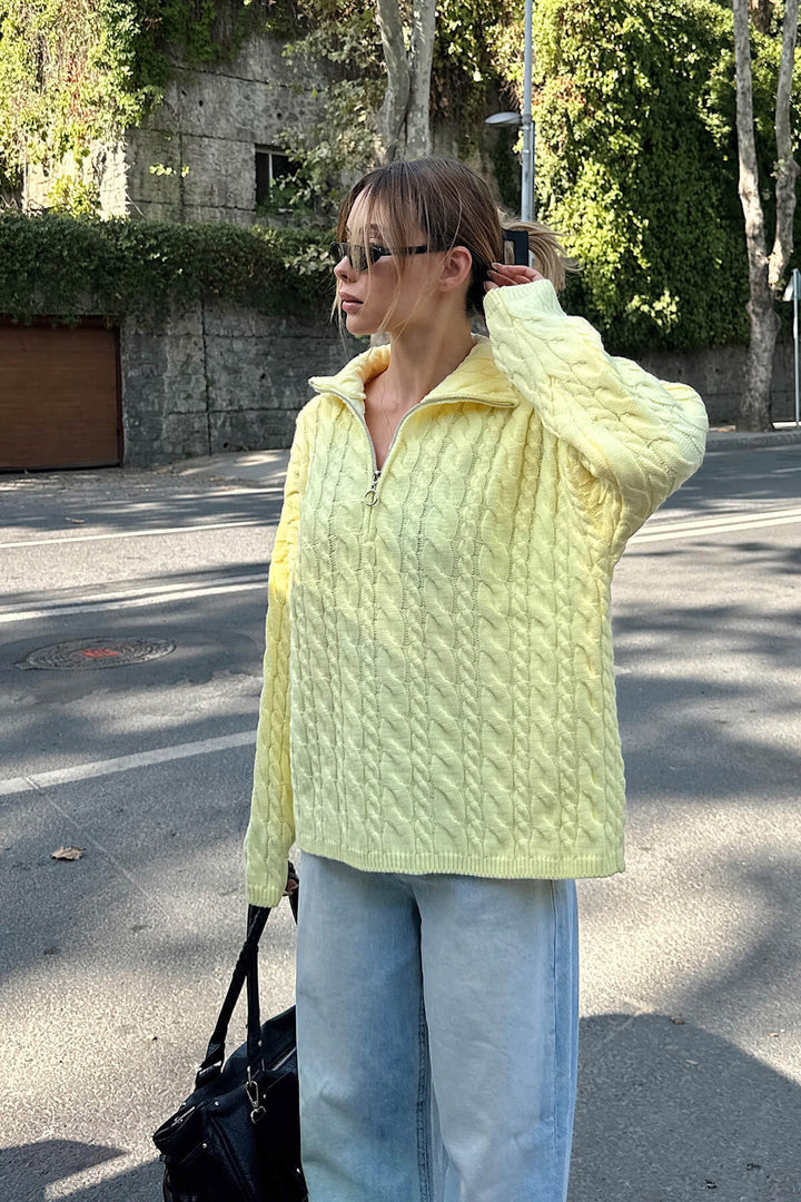 Damen Strickpullover mit halbem Reißverschluss und Zopfmuster Drune